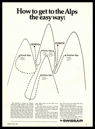 1968 Swissair Airline "How To Get To The Alps The Easy Way" Vintage Ski Print Ad