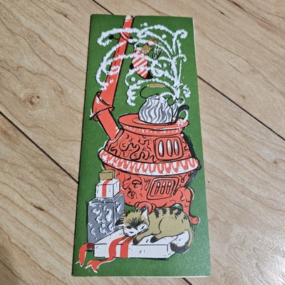 Vintage Christmas Card Cute Warm Cat Furnace Hawthorne Sommerfield Litho USA Red
