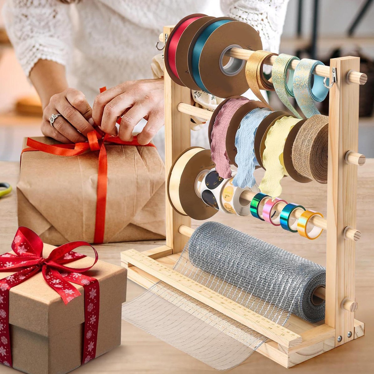 Ikare 7-Tier Metal Ribbon Storage Organizer - Wall Mounted Rack For Wrapping Paper, Crafts, Flower Shop (27.55x35.43x3.93 In) - View #13