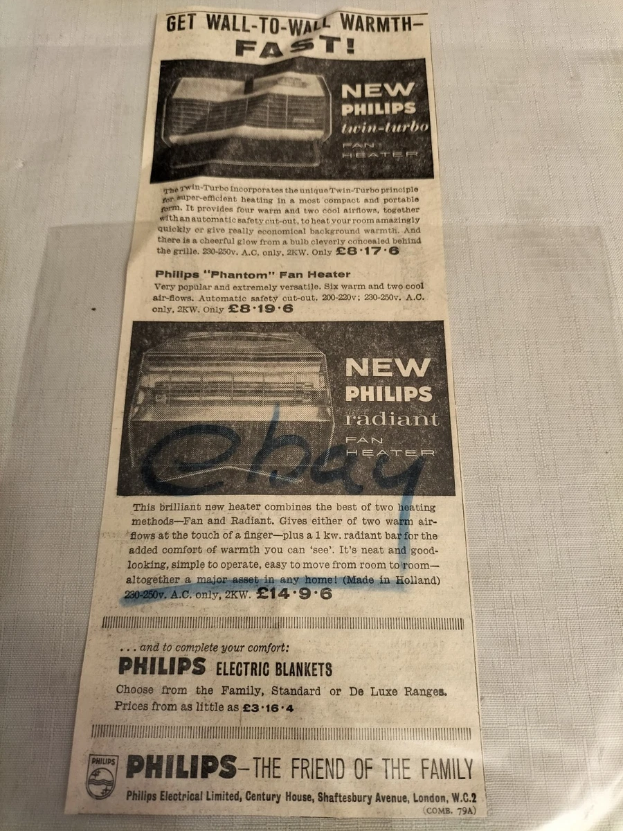 1962 PHILIPS ELECTRIC FAN HEATERS Newspaper Advert Original Vintage | eBay