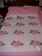 APPLIQUE QUILT w/ 12 LARGE PINK FLOWERS. Lotsa PINK, Vintage 1930s
