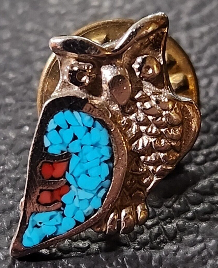 Owl Pin Silver Tone Small Turquoise Chip Lapel Hat Jacket Sash Pin Vintage
