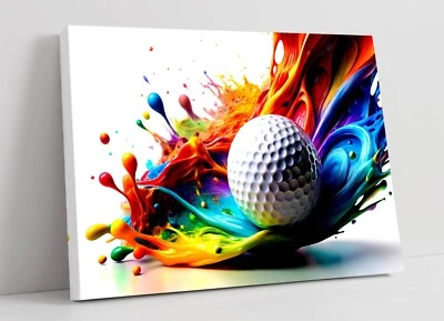 GOLF BALL WITH COLOURFUL PAINT SPLASH CANVAS WALL ART ARTWORK PRINT - Image 1 of 2