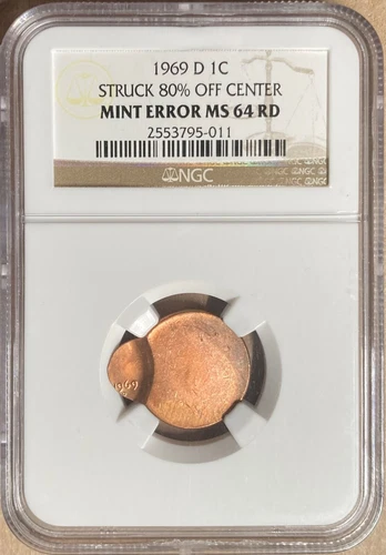 1969-D NGC MINT ERROR MS64 RD - Struck 80% Off Center - Lincoln Cent