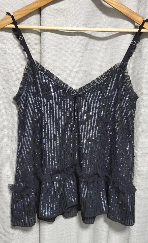 NEEDLE & THREAD Gloss Sequin Cami Top with Ruffle Trim Black XS - VGC - Image 2 of 4
