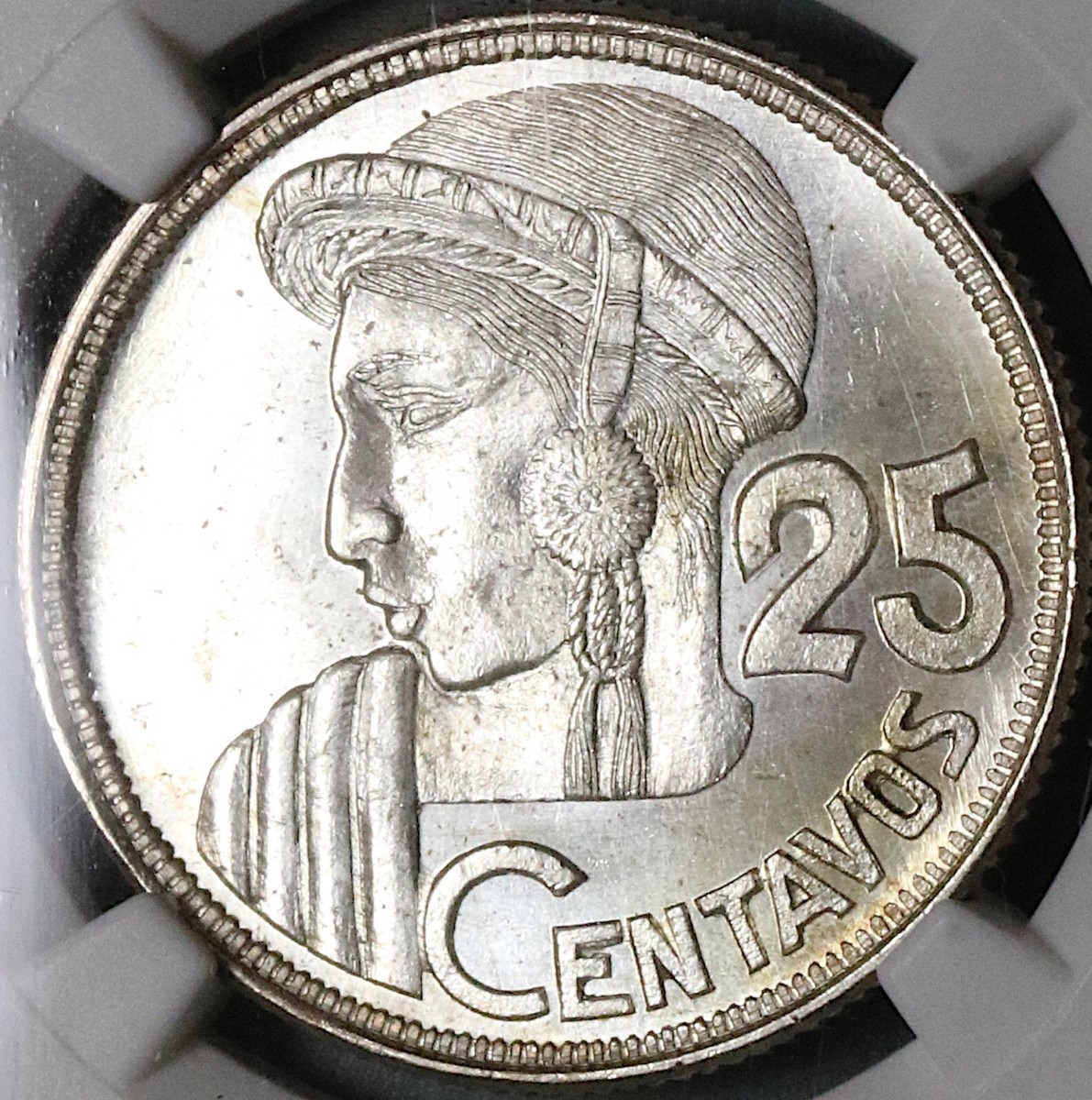 1950 NGC MS 65 Guatemala 25 Centavos Maya Girl 81k Silver