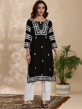 LONG KURTA ETHNIC KURTI S M L XL 2XL HANDMADE CHIKAN EMBROIDERY COTTON RAYON TOP