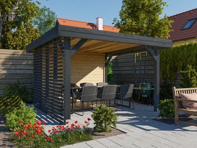 Pavillon Gartenlaube Dice Fichte Anthrazit Natur halboffen 350 x 350 cm mit