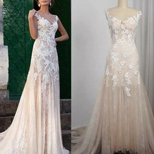 Vintage Champagne Lace Applique Sequins Wedding Dress Illusion Neck Bridal Gowns