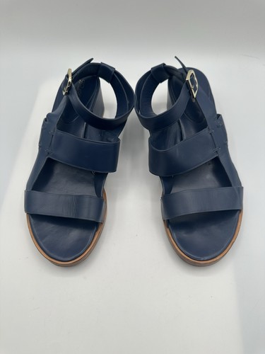 Brooks Brothers Navy Blue Leather Block Heel Ankle Strap Sandals Women Sz 10