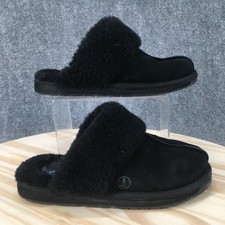 Lands End Slippers Womens 8B Mule Shearling Slip On Comfort Faux Fur Suede Black