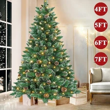 4-7Ft Artificial Christmas Tree Snow Flocked Tips Pinecone Holiday w/ LED Lights