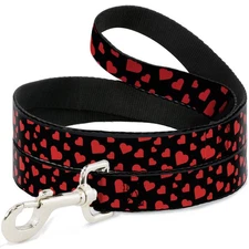 Dog Leash Hearts Scattered Black/Red NARROW 0.5"