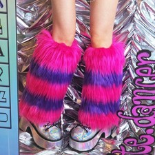 Thick Multicolor Fur Leg Warmers - Fuzzy Fluffies - Hot Pink and Purple - 15 in