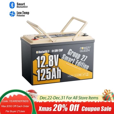 Power Queen 12V 125Ah Group27 Bluetooth Lithium Battery 1600Wh for Boat Solar RV