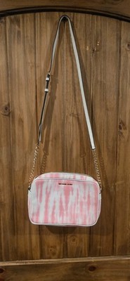 Michael Kors Jet Set East West Crossbody Bag Womens Pink White Tie-Dye Leather
