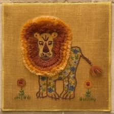 Vintage Finished 1970s Lion Needlepoint 16" x 16" Unframed