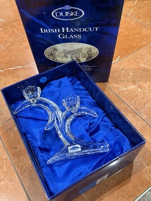 DUISKE IRISH HANDCUT CRYSTAL ART GLASS 6.75'' DOUBLE MOON CANDLE HOLDER 71202 NEW