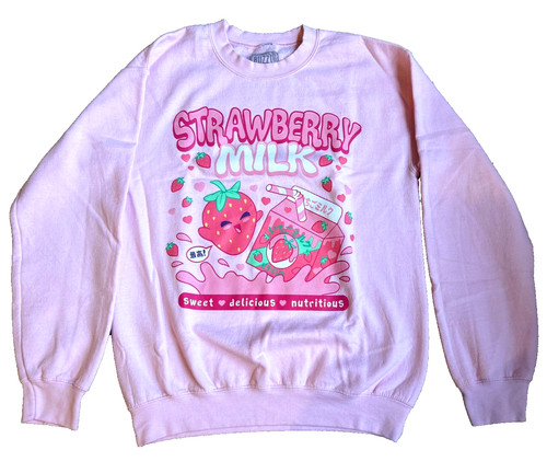Pink Strawberry Milk Crewneck Sweater Sz S Japanese Buzz Anime Kawaii