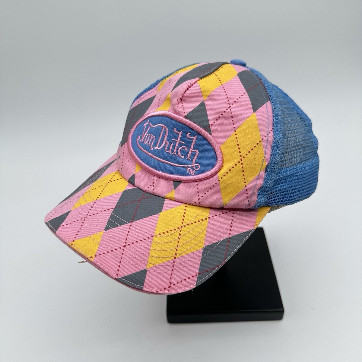 Y2K Von Dutch Argyle Plaid Pink Blue Mesh Trucker Hat Paris Hilton