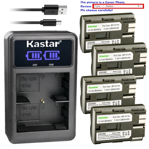 Kastar BP-511A Battery LED2 Dual USB Charger for Canon DM-MVX150i MVX150i ZR90MC