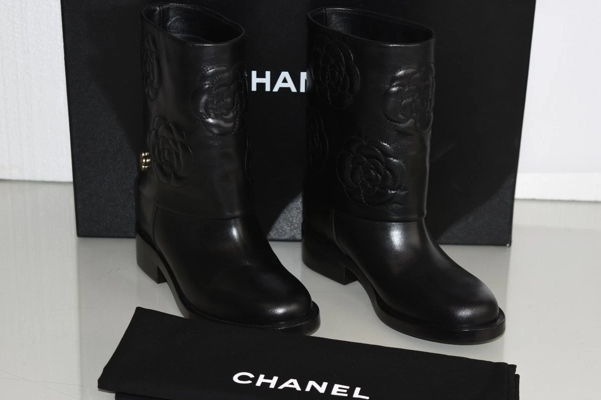 Chanel Black Quilted Leather Mid Calf Length Boots Size 37.5 Chanel