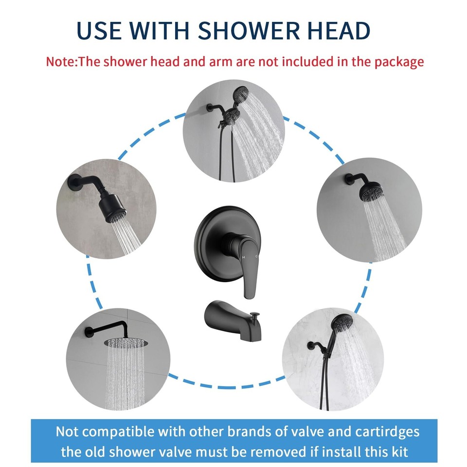 Shower Valve Trim Kit with Tub Spout Matte Black Tub Shower RoughIn