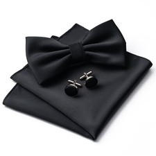 Mens Solid Color Double Fold Pre-tied Bow Tie and Pocket Square Cufflinks Set...