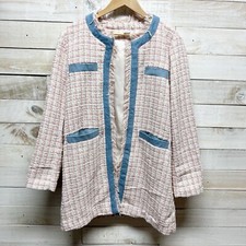 Venus Jacket Womens 14 Pink Pastel Tweed Fringe Blue Denim Trim Open Front