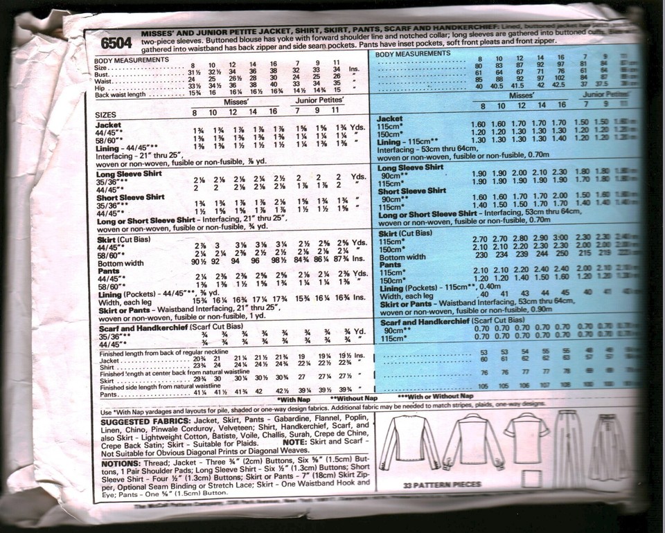 6504 Vintage McCalls Sewing Pattern Misses Jacket Shirt Pants Skirt ...