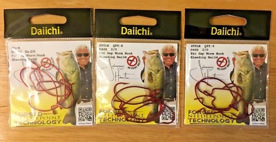 Daiichi Fat Gap Worm Hooks, Size 2/0 RED,  3 Packages, Total 18 Hooks (New)