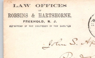 c1890s Law Offices of Robbins & Hartshore Freehold NJ  Postal Cover