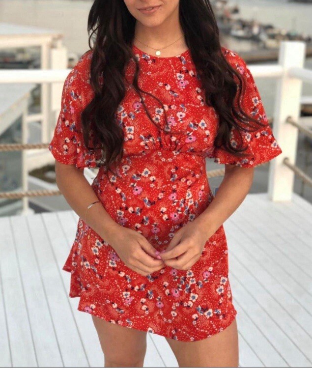 TopShop AUSTIN Red Floral Oriental Print Petite Angel Sleeve Dress UK 14  Back