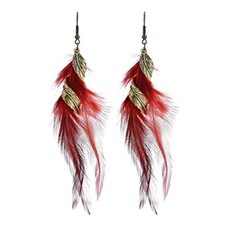 Bohemian Handmade Natural Long Feather Dangle Earrings Vintage Boho Red