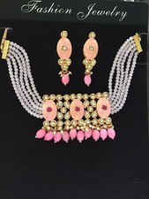 Indian Pakistani Bridal Kundan Necklace Earring Set Crystal Beads Meenakari