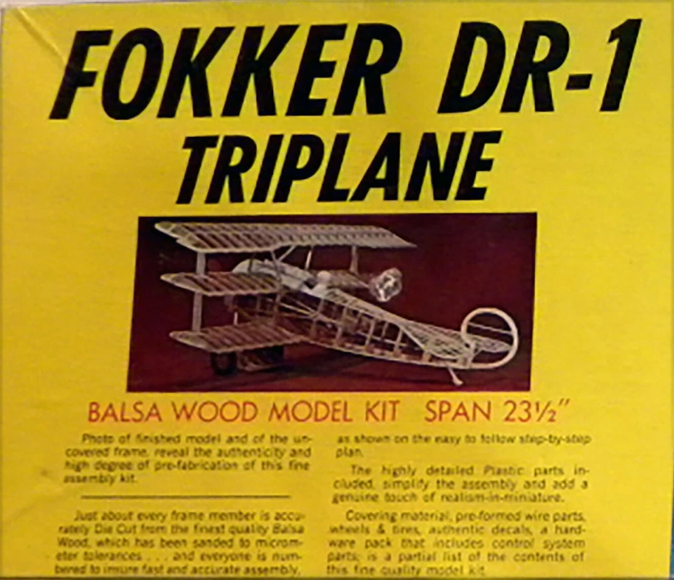 Sterling Model Airplane Plans (UC-FF-RC): Fokker DR-1 Triplane 23½"ws 1/12 Scale - Image 2 of 3