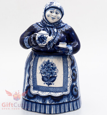 Gzhel porcelain Tea caddy Bowl Jar Matrena handmade figurine 1.4L