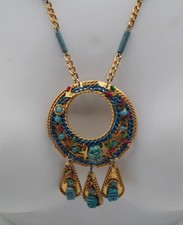 VINTAGE ESTATE JEWELRY EGYPTIAN GOLD TONE TURQUOISE SCARAB LONG NECKLACE PENDANT