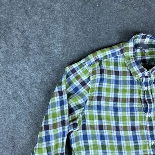 Vince Shirt Mens XL Green Blue Plaid Linen Casual Beach Party Summer Outdoor - Picture 5 of 13