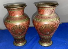 Antique Beautiful Pair Brass Etched & Enamel Peacock Vases 8", over 2 lbs each