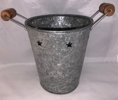 Galvanized Steel Metal Bucket Pail Pot with Stars Accents and Wood Handle - Picture 2 of 12