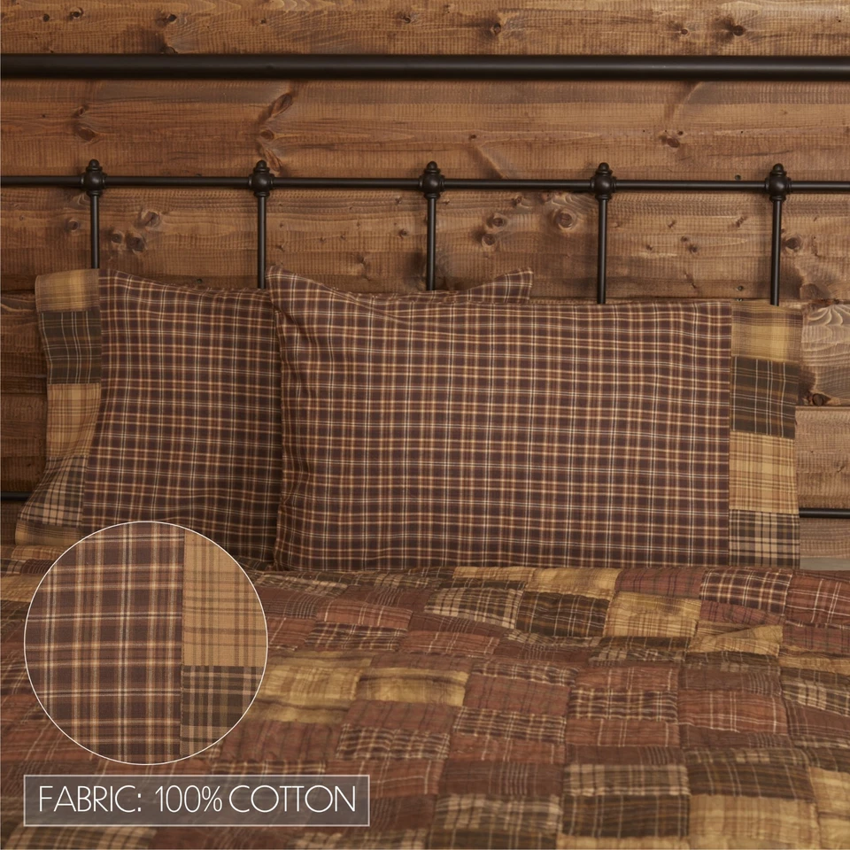 Juego de 2 fundas de almohada a cuadros marrón country 100 % algodón con borde de retazos Prescott Foto 4 de 4