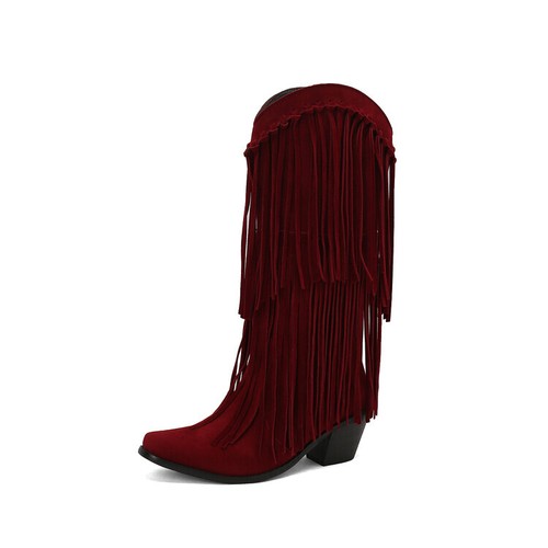 Womens Knee High Boots Mid Chunky Block Heels Tassels Western Riding Boot Autumn - Imagen 14 de 29