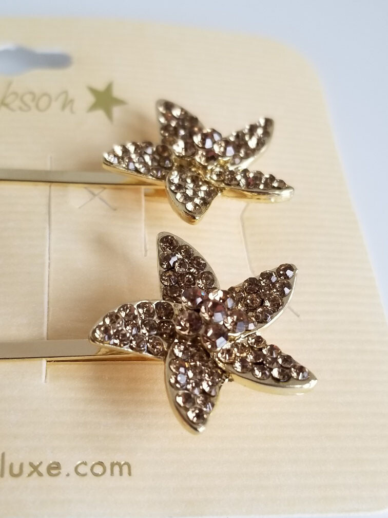 L Erickson TOPAZ CRYSTAL Starfish Bobby Pin Pair GOLD Tone  display picture 3