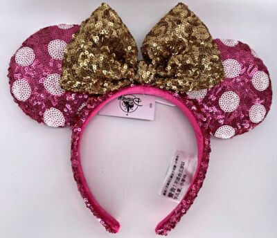 Disney Minnie Mouse Ears Pink Polka Dot Gold Bow 2021 Sequin  display picture 1