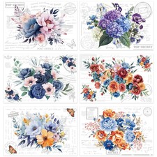 Blooming Floral Rub on Transfers for Furniture 6 Pcs Large Vintage Flowers Ru...
