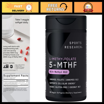 5-MTHF Methyl Folate & B12, 90 Plantgels | Vegan, Non-GMO, Gluten Free | Energy
