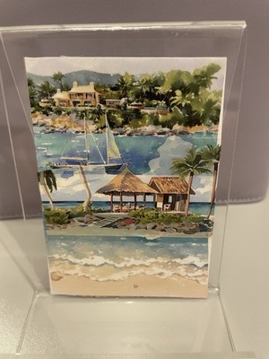 ACEO original Beach, Boats, Palm Trees, Ocean House sticker collage Unframed