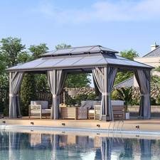 12 x 16 ft Hardtop Gazebo with Nettings and Curtains, Double Roof Gazebo