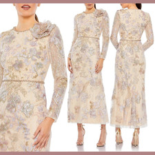 NWT Mac Duggal [ 8 ] 11329 Embellished High Neck Long Sleeve MIDI Dress #S1012